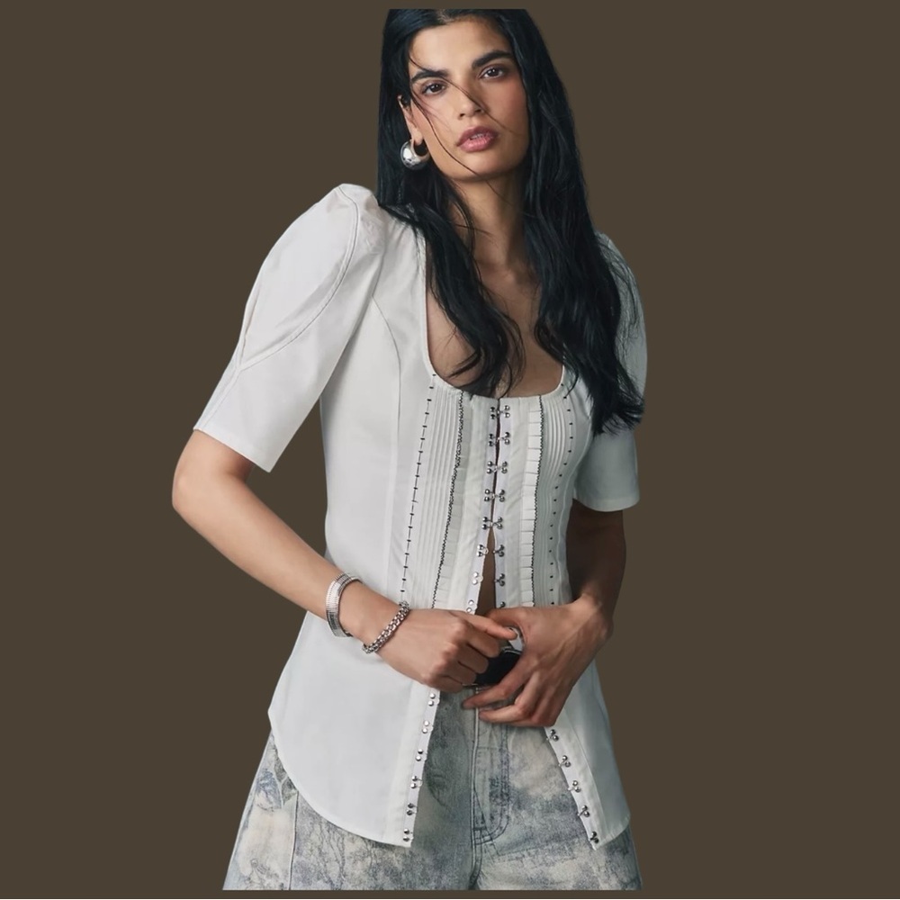 Anthropologie White Lace-Up Corset Blouse